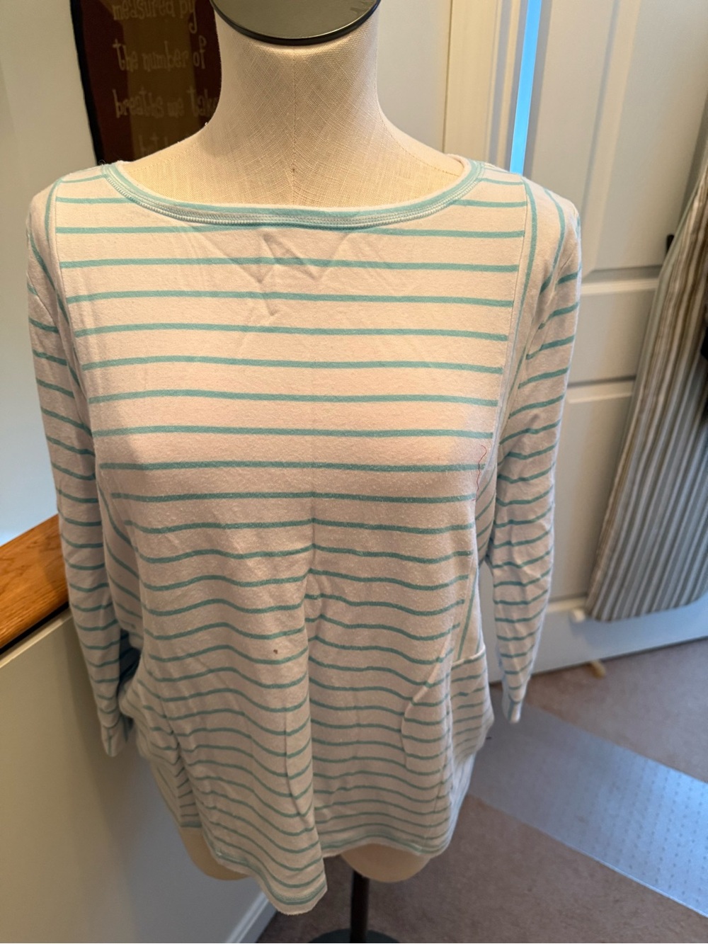 Talbots White Crewneck Sweater with Light Teal Stripes